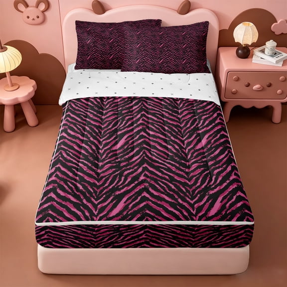 Homewish Zebra Print Zipper Twin Comforter Sets with Fitted Sheet and 2 Pillowcases,Bright Jungle Animal Stripe Pattern Zipper Bedding Set For Girls,Reversible,4 Pieces