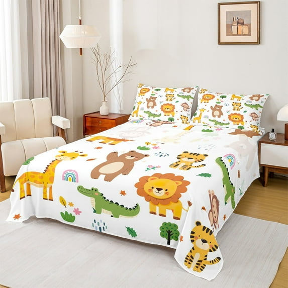 Homewish Zoo Animal Giraffe Bed Sheets,Cute Lions Elephant King Sheets,White Orange Green Sheet Set For Girsl Boys,Super Cozy Room Decor,4pcs