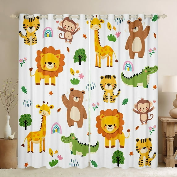 Homewish Zoo Animal Giraffe Blackout Curtains Set of 2 (52x84 Each),Cute Lions Elephant Window Curtains,White Orange Green Curtains and Drapes For Girsl Boys,Super Cozy Room Decor