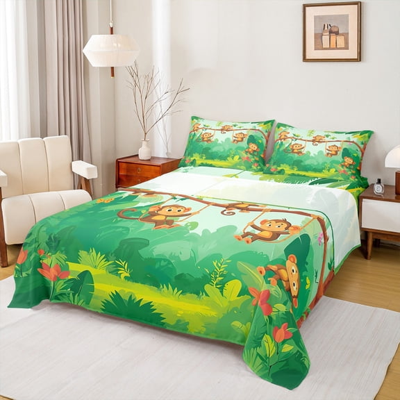 Homewish Zoo Animal Monkey Full Size Sheets,Tropical Monstera Leaf Plam Bed Sheets,Green Brown Sheet Sets For Boys Teens，Luxury Bedroom Decor,4 Pieces