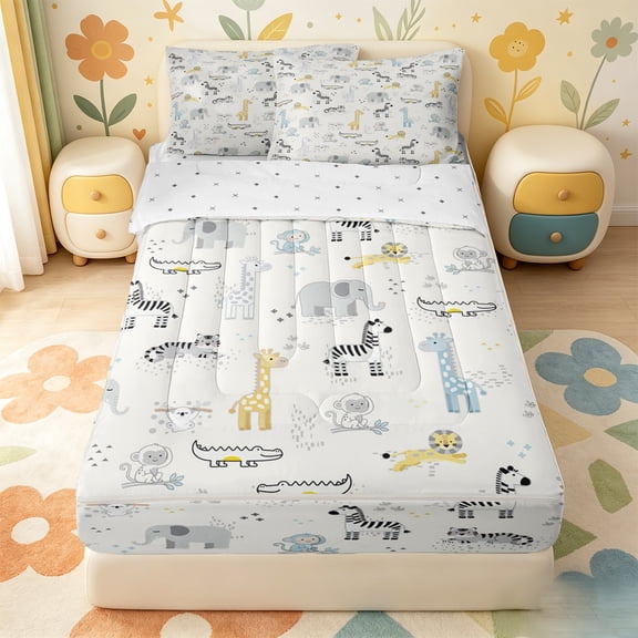 Homewish Zoo Animals Zebra Zipper Full Size Comforter Sets with Fitted Sheet and 2 Pillowcases,Jungle Wildlife Pattern Zipper Bedding Set For Girls,Reversible,4pcs