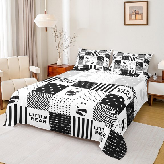 Homewish Zoo Panda Bed Sheets,Modern Geometric Stripe King Sheets,Plaid Triangle Lines Sheet Set For Kids,Luxury Bedroom Decor,4pcs