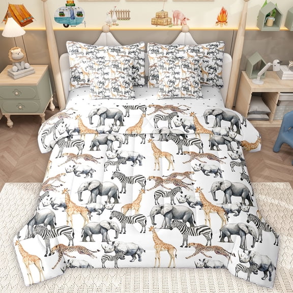 Homewish Zoo Zebra Giraffe 7-Piece Bedding Comforter Set,Wiuld Elephant King Bedding Sets,White Gray Bed Sheets For Kids,Breathable Home Decor Reversible
