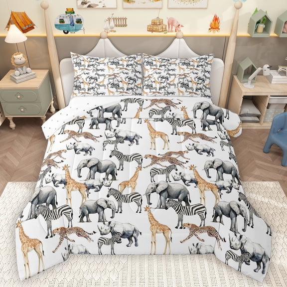 Homewish Zoo Zebra Giraffe Queen Comforter Set,Wiuld Elephant Bedding Sets,White Gray Bedding Comforter Set For Kids,Breathable Home Decor Reversible,3-Piece