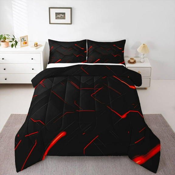 Homewishmodern Style Queen Comforter Set,3D Geometric Artistic Bedding Sets,Red Black Bedding Comforter Set For Girls Boys,Microfiber Bedroom Decor Reversible,3 Pieces