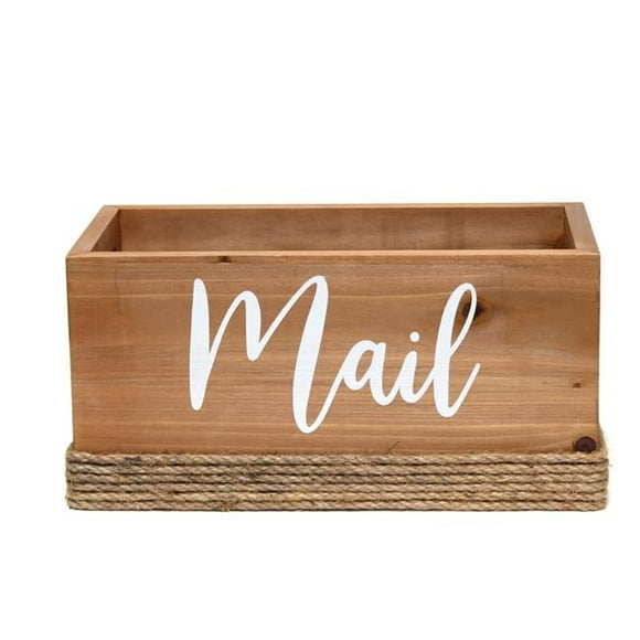 Homewood Farmhouse Rustic Wood decorative Mail Holder, Bills & Letter Storage with Mail Script in White - Natural Wood