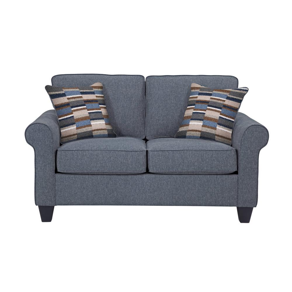 Marine Blue Linen Fabric Loveseat with Pillow Back