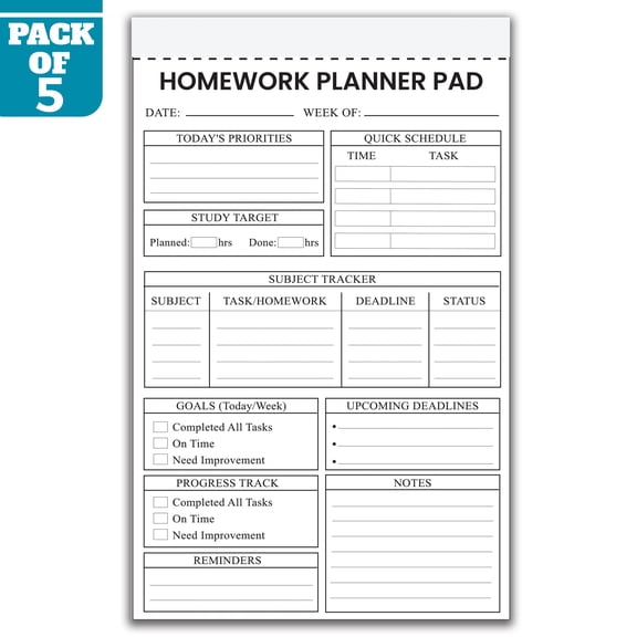 Homework Planner Pad 5.5 x 8.5 Inch, Pack of 5 Student Homework Planner Pads, Assignment Tracker, Study Planner, School Organizer, 50 Sheets Per Pad, Made in USA