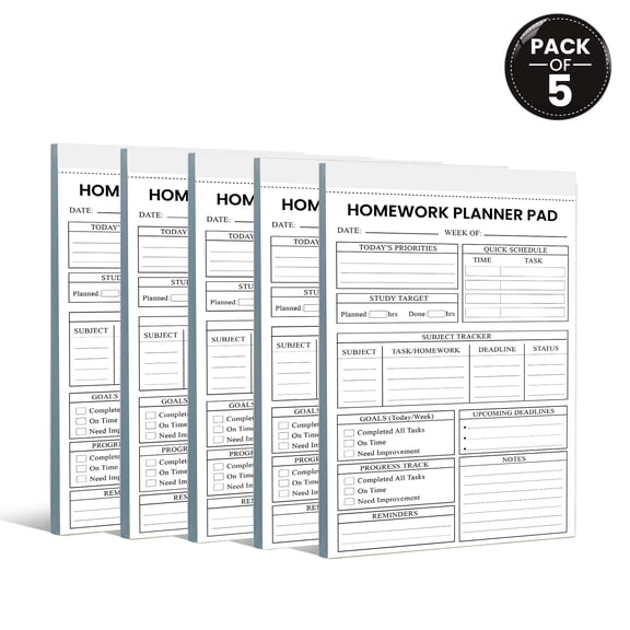 Homework Planner Pad 5.5 x 8.5 Inch, Pack of 5 Student Homework Planner Pads, Assignment Tracker, Study Planner, School Organizer, 50 Sheets Per Pad, Made in USA