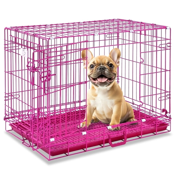 Homey Pet 30 Inch Collapsible Dog Crate Small, Medium Dog Cage Fuchsia Pink, Cute Indoor Dog Kennel Nano-Coated Metal Wire Dog Crates with Removable Floor Grid Tray, Double Doors Dual Locks, Portable