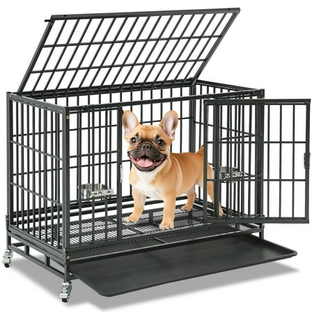 Homey Pet 37 Inch Stackable Heavy Duty Dog Crate Indestructible, Escape Proof Dog Cage with Wheels, Tray, High Anxiety Dog Kennel Indoor Double Door, Collapsible Dog Crates for Medium Dogs