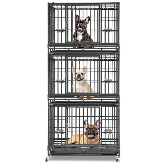 Homey Pet 36 Inch Stackable Heavy Duty Dog Crate Indestructible, Escape Proof Dog Cage with Wheels, Tray, High Anxiety Dog Kennel Indoor Double Door, Collapsible Dog Crates for Medium Dogs (3-Tier)