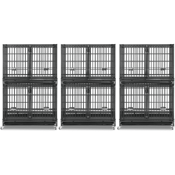 Homey Pet 43" Heavy Duty 6-Pack Dog Crate for Medium/Large Dogs, Stackable Dog Kennels and Dog Cages With Wheels, Sturdy Locks Design, Feeding Bowls, Leak-Proof Tray, Double Door (Tall Version)