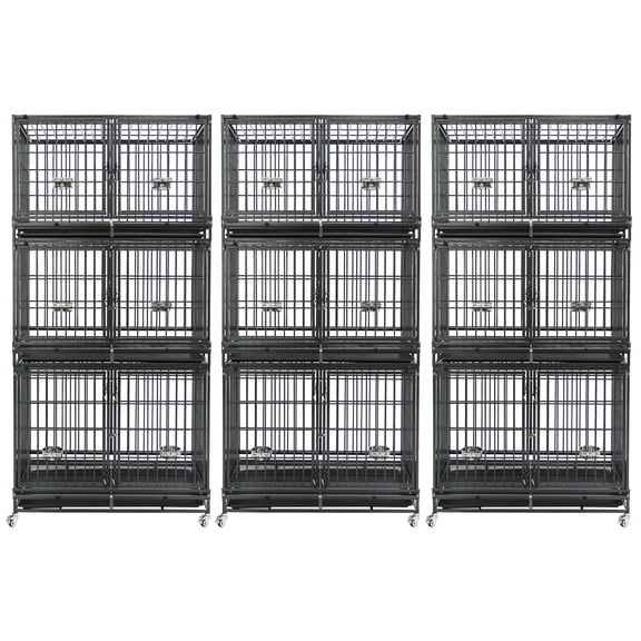 Homey Pet 43 Inch Stackable Heavy Duty 3-Tier Dog Crate Cage Kennel with Lockable Wheels, Removable Tray & Metal Grid, Divider, Feeding Bowls, Escape Proof Drop Cage Bank for Small/Medium/Large Dogs