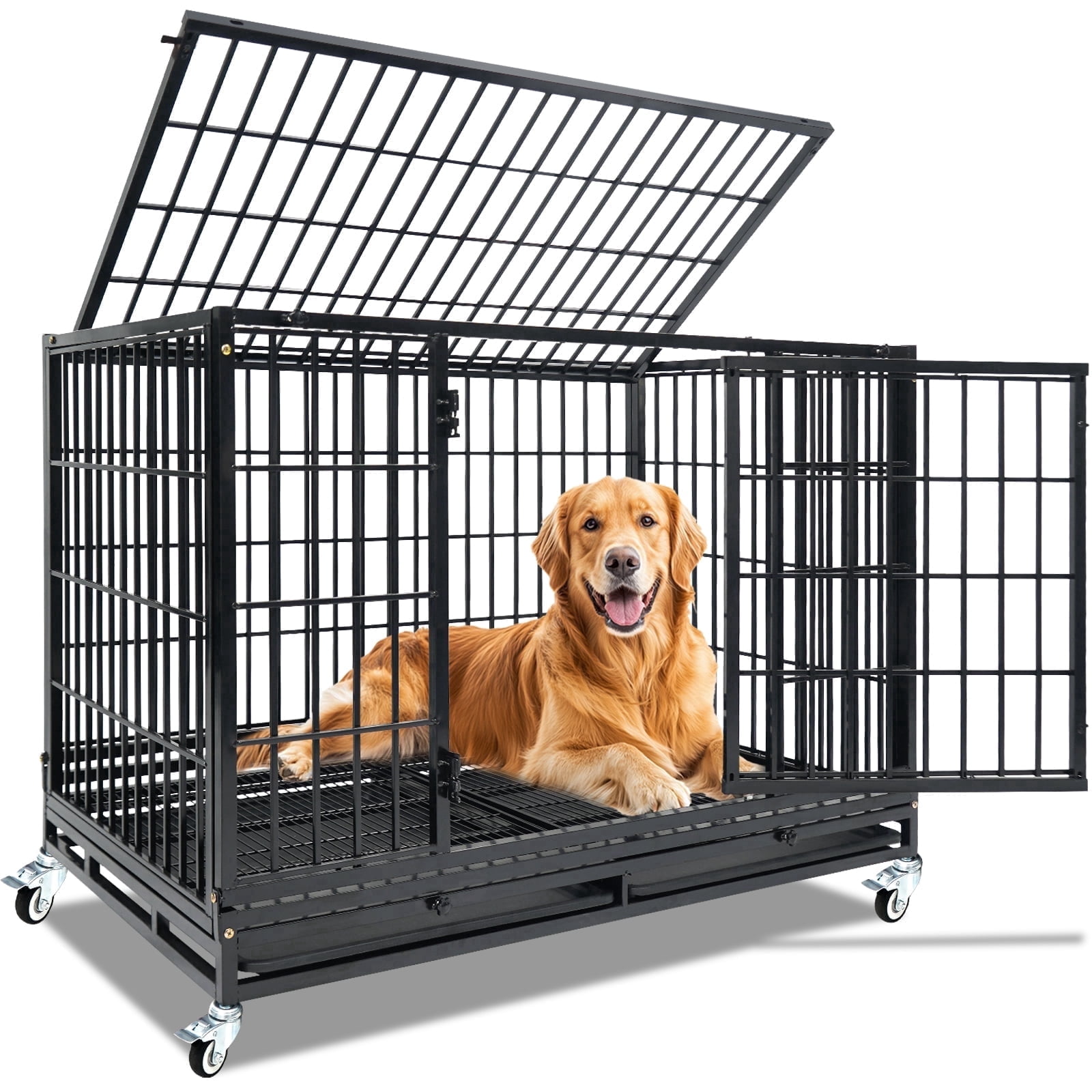Homey Pet 47 Inch Stackable Heavy Duty Dog Crate, Indestructible Escape Proof Cage for High Anxiety Large Dogs, XL Dog Kennel Indoor with Auto Locks,No-Noise Grid,Dual Trays,360° Wheels,Top Acces