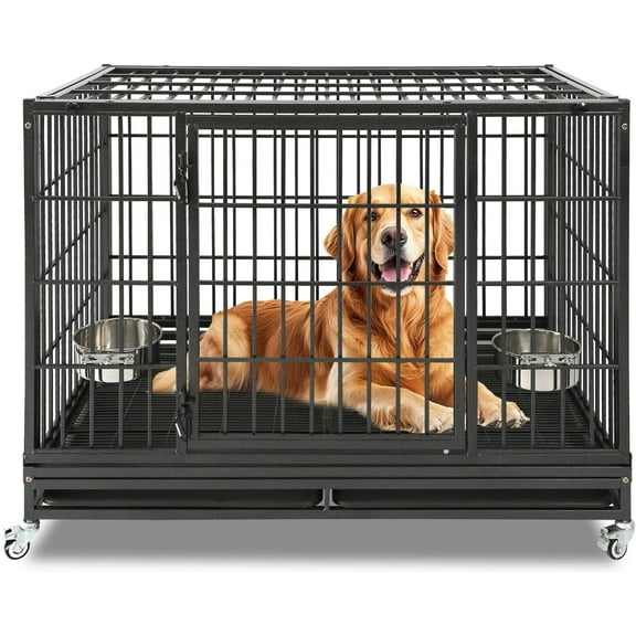Homey Pet 48 Inch Heavy Duty Dog Crate for Large Dogs, Stackable & Indestructible Dog Cage for High Anxiety Dogs with Four Lockable Wheels, Two Removable Trays, Escape Proof Dog Kennel Indoor