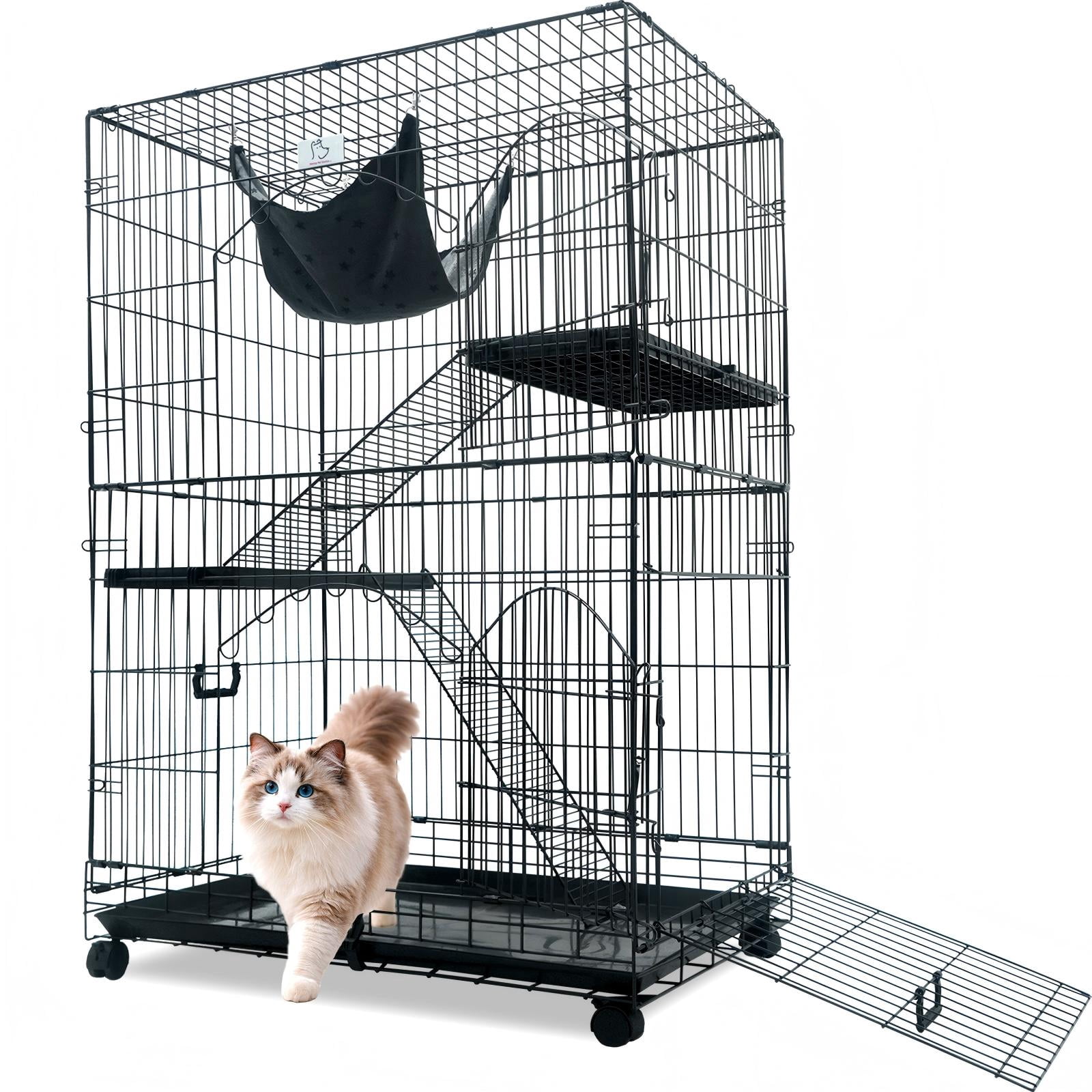 Homey Pet 51 Inch Cat Cages Indoor, 3-Tier Cat Crates for Indoor Cats, Collapsible Metal Wire Large Cat Kennel Big Multi-Level Kitten Crate with Wide Side Door, Plastic Platform, Ramp, 360° Wheel