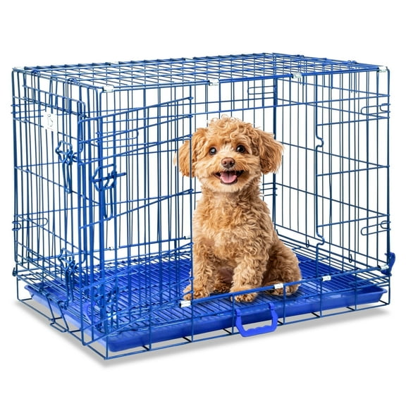 Homey Pet 30 Inch Medium Dog Crate, Royal Blue Dog Cage Small, Foldable Inside Dog Kennel Nano-Coated Metal Wire Dog Crates with Removable Floor Grid Tray, Double Doors Dual Locks, Portable Handle