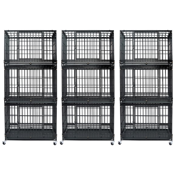 Homey Pet Stackable 36 Inch Dog Crate, Heavy Duty 3-Tier Dog Cage Escape Proof Collapsible Kennel with Open Top, Lockable Wheels, Removable Tray & Grid for Medium/Small Dogs(9 Pack)