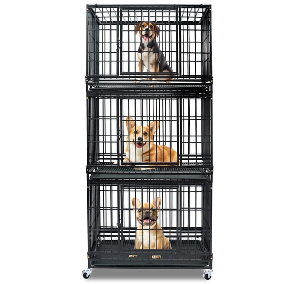 Homey Pet Stackable 36 Inch Dog Crate, Heavy Duty 3-Tier Dog Cage Escape Proof Collapsible Kennel with Open Top, Lockable Wheels, Removable Tray & Grid for Medium/Small Dogs