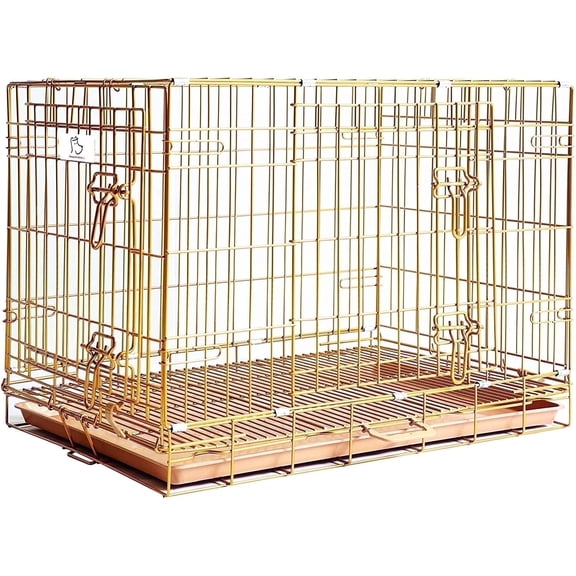 Homey Pet 30 Inch Medium Dog Crate, Copper Gold Wire Dog Cage Small, Collapsible Inside Dog Kennel Nano-Coated Metal Dog Crates with Pull-Out Floor Grid Tray, Double Doors Dual Locks, Portable Handle
