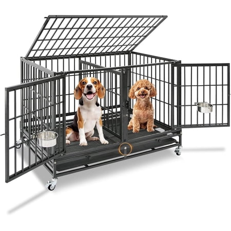 Homey Pet 43 Inch Dog Crate, Heavy Duty Stackable Dog Crate Cage Kennel for Medium Dogs with Divider, Bowls, 3 Door, Removable Grid & Tray, 4 Lockable Wheels, Breeding & Grooming Drop Cages for Dogs
