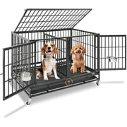 Homey Pet 43 Inch Dog Crate, Heavy Duty Stackable Dog Crate Cage Kennel for Medium Dogs with Divider, Bowls, 3 Door, Removable Grid & Tray, 4 Lockable Wheels, Breeding & Grooming Drop Cages for Dogs
