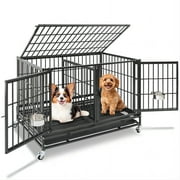 Homey Pet 43" Heavy Duty Dog Crate for Medium and Small Dogs, 2-in-1 Stackable Dog Kennels Dog Cages With Wheels, Sturdy Locks Design, Feeding Bowls, Leak-Proof Pan, Double Doors