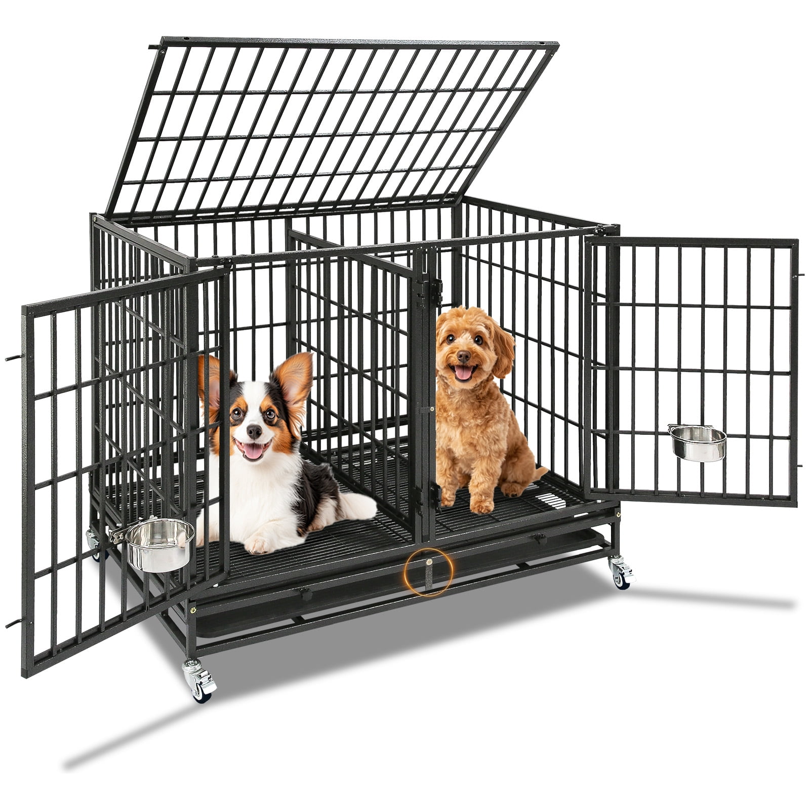 Homey Pet Stackable 43 inch Dog Crate Cage Kennel Indoor with Divider, 2X Steel Bowls, 4X Lockable Wheels, Tray, Heavy Duty Wire Dog Crates for Large/Medium/Small Dogs (Tall Model)