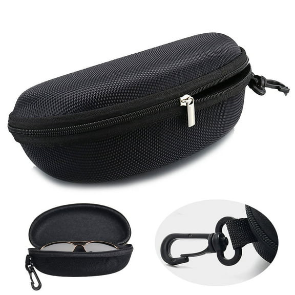 Homeya Sunglasses Case Hard Shell for Large Eyeglasses, Portable Travel Carry Clam with Clip Metal Zipper, Black
