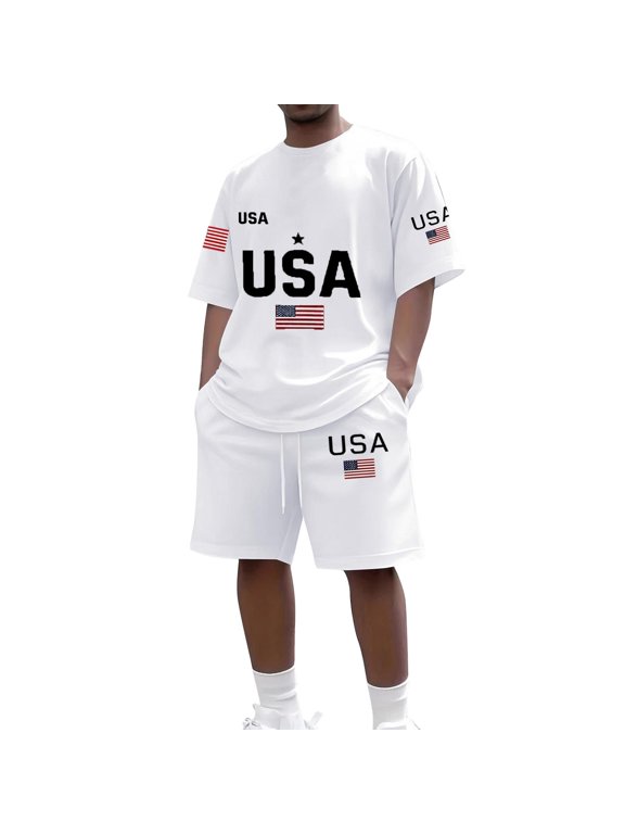 1776-2026 4th of July Sets for Men 250 anniversary USA Flag Print Short Sleeve Shirt and Short Suit Commemorative 2 Piece Sets for Men,White S