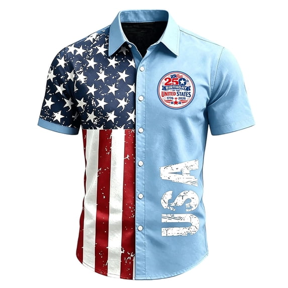 Homeyce 250th Anniversary USA Shirt for Men 4th Of July American Flag Printed Hawaiian Shirts Short Sleeve Button Down Patriotic Shirt USA Independence Celebration Hawaiian Shirt,Blue 3XL