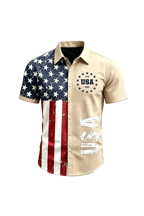 250th Anniversary USA Shirt for Men 4th Of July American Flag Printed Shirts Short Sleeve Button Down Patriotic Tee for Memorial Day Independence Day Casual Tee,Beige L