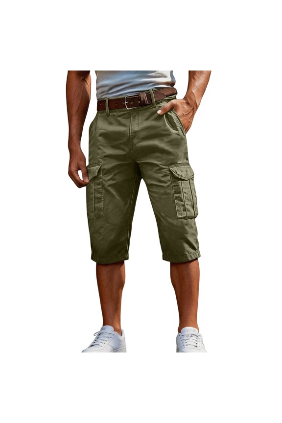 3/4 Length Cargo Shorts for Men Elastic Waist Big and Tall Knee Length Shorts Multi-Pocket Long Blew Knee Capri 3/4 Pants Classic Military Summer Workout Hiking Pants,Green M
