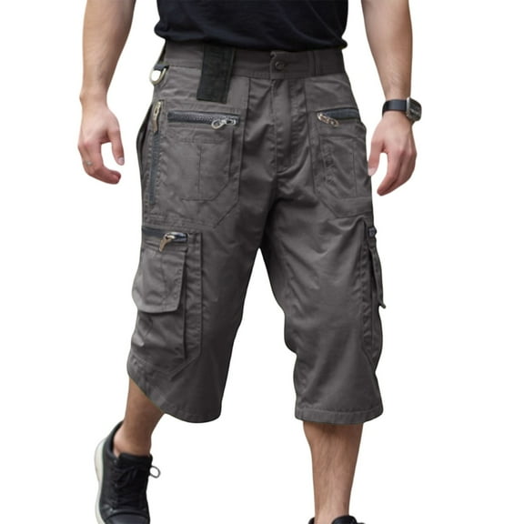 Homeyce 3/4 Outdoor Hiking Long Shorts for Men Multi-Pocket Quick Drying Kangosport Shorts Casual Military Work Casual Below the Knee Shorts Solid Color Elastic Waist Overalls Cargo Shorts,Gray 3XL