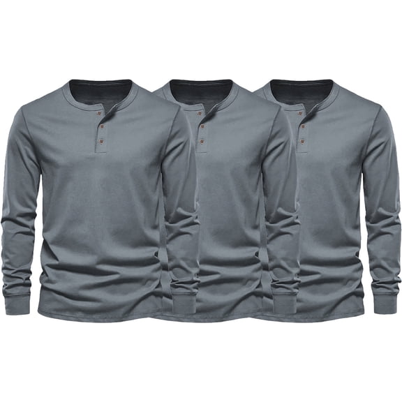 Homeyce 3Pack Henley Shirts for Men Long Sleeve Button Shirts Lightweight Slim Fit Solid Color T-Shirt Stand Collar Big and Tall Pullover Tees Tops,Gray 3XL