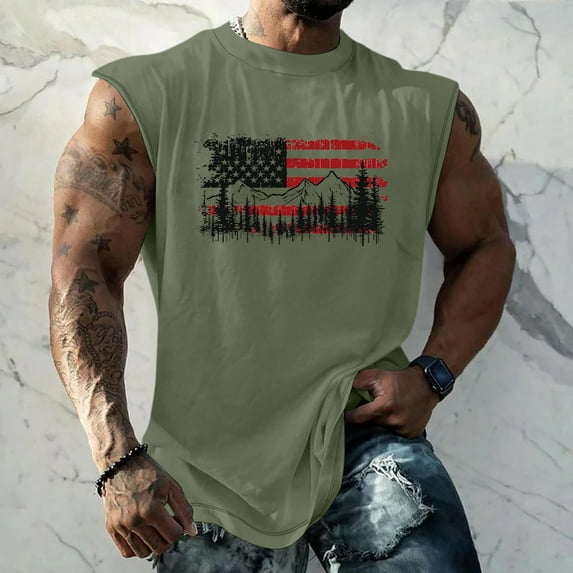 Homeyce 4th Of July Shirts for Men American Flag Graphic Sleeveless Tank Tops Gym Bodybuilding Tee Tops Patriotic Outfits for Men,Green M