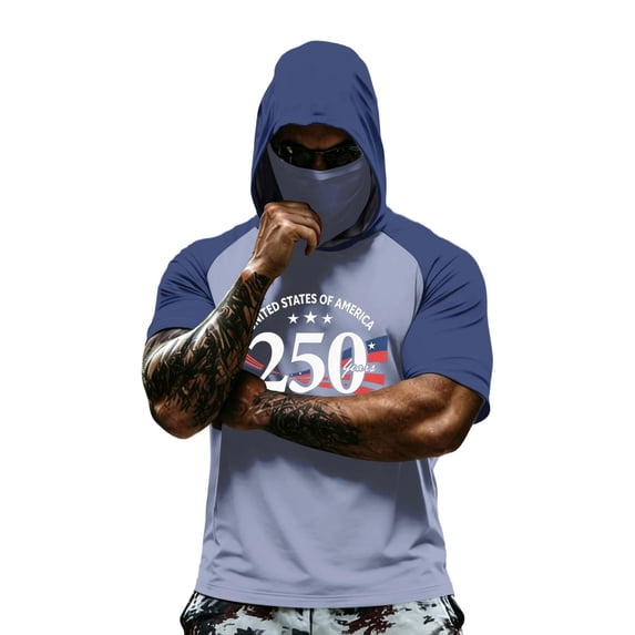 Homeyce 4th of July Fishing Hoodies for Men Upf 50+ UV Rash Guard Sun Shirts Short Sleeve Summer Lightweight Fishing Hoodies with Mask,Green 2XL