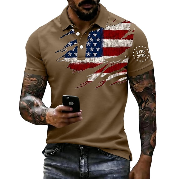Homeyce American Flag Polo Shirt for Men Us 250th Anniversary 4th Of July Polo Shirts Short Sleeve Freedom Usa Flag Polo T-Shirts Buttoned Independence Day Patriotic Outfit,Brown L