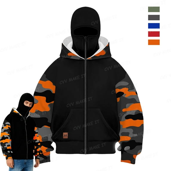 Homeyce Balaclava Hoodie for Men with Warm Face Mask with Zipper Camo Hoodies Double Layer Hooded Wind-Resistant Jacket Hoodie Balaclava Motor Y2k Fall Fashion Streetwear,Red XL