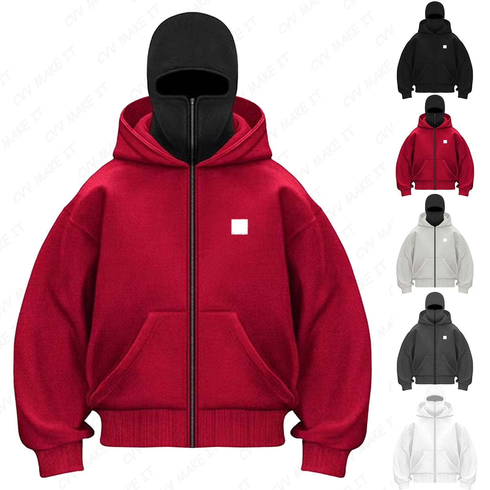 Homeyce Balaclava Hoodie for Men with Warm Face Mask with Zipper Hoodies Double Layer Hooded Wind-Resistant Jacket Hoodie Balaclava Motor Y2k Fall Fashion Streetwear,Red 3XL