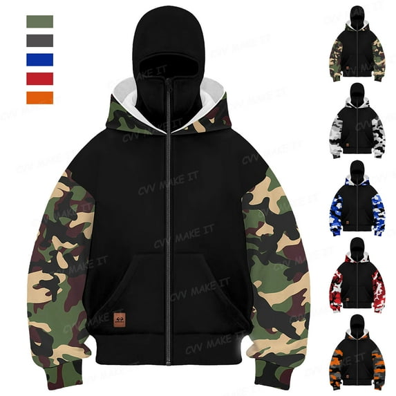 Homeyce Balaclava Hoodie for Men with Zipper with Mask Winter Camo Hoodies with Balaclava Ninja Double Hood Coat Wind-Resistant Motor Y2k Fall Fashion Outerwear Jacket for Cold Weather,Green 2XL