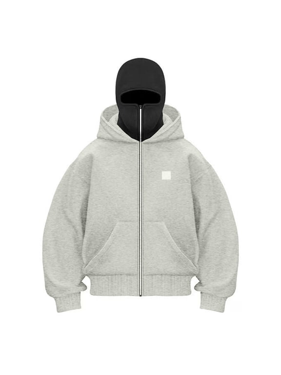 Balaclava Jacket for Men Full-Zip with Face Mask Jacket with Balaclava Ninja Double Hood Transition Jacket Wind-Resistant Warm Sports Casual Bicycle Outerwear Jacket for Men,Gray XL