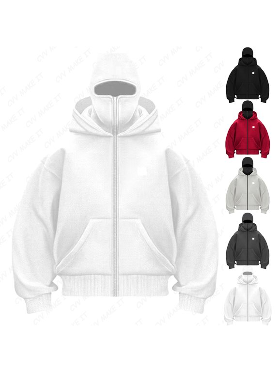 Balaclava Jacket for Men Zip Up with Face Mask Jacket Balaclava Double Layer Hooded Coat Windproof Warm Sports Casual Bicycle Outerwear Jacket for Cold Weather,White M
