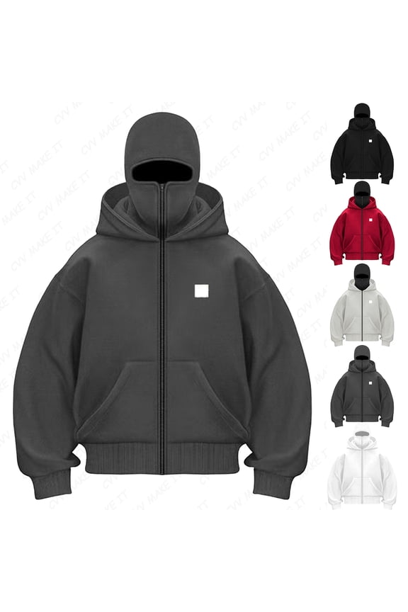 Balaclava Ninja Zipper Hoodie with Mask Zip Up Zip Jacket Ninja Double Hood Wind Resistant Jacket Hoodie with Balaclava Outdoor Athletic Hip Hop Y2k Streetwear,Gray L