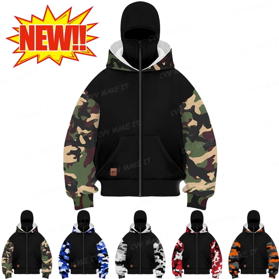 Homeyce Balaclava Ninja Zipper Hoodie Zip Up with Face Mask Camo Hoodies Balaclava Double Layer Hooded Transition Jacket Windproof Warm Sports Casual Bicycle Streetwear for Men and Women,Green 2XL