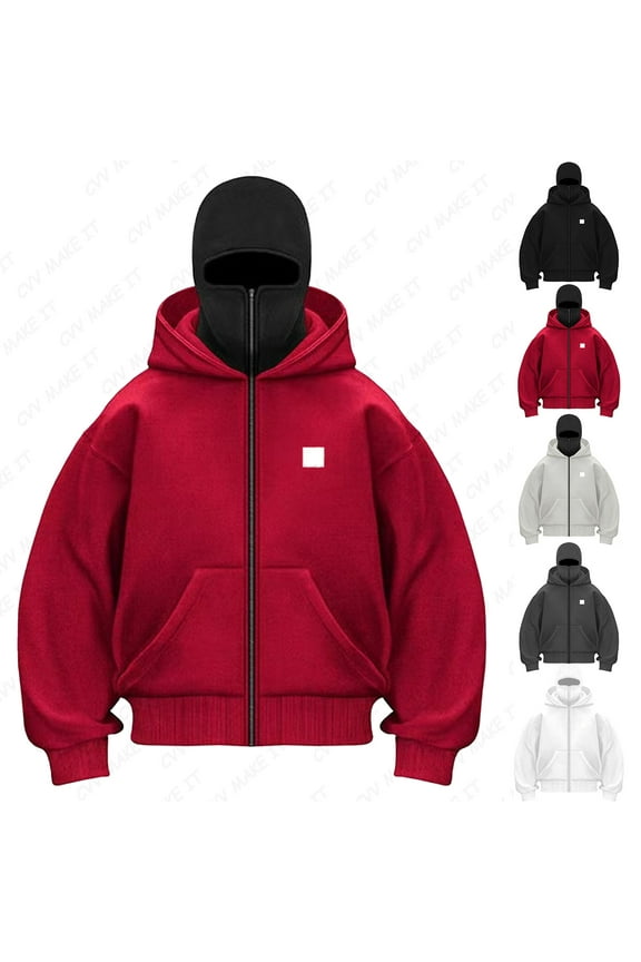 Balaclava Ninja Zipper Hoodie Zip Up with Warm Face Mask Jacket Balaclava Double Hooded Coat Wind-Resistant Y2k Fall Fashion 2025 Clothing for Men and Women,Red XL