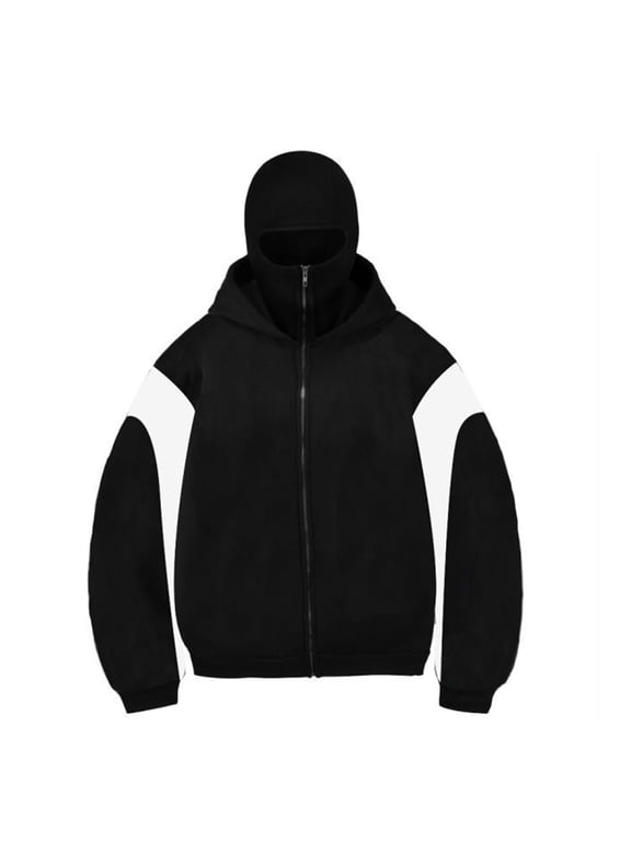 Balaclava Zip Hoodie for Men with Warm Face Mask Full-Zip Winter Hoodies Double Layer Hooded Wind-Resistant Transition Jacket Balaclava Motor Y2k Fall Fashion Clothing,White S