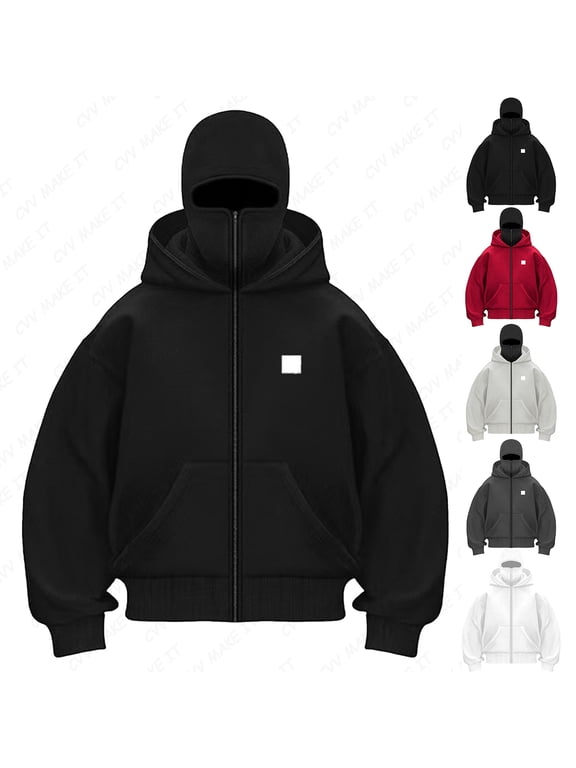 Balaclava Zip Hoodie for Men with Warm Face Mask Full-Zip Winter Hoodies Double Layer Hooded Wind-Resistant Transition Jacket Balaclava Motor Y2k Fall Fashion Clothing,Black XL