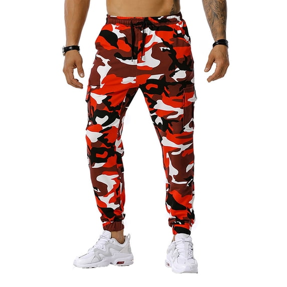 Homeyce Camo Joggers Sweatpants for Men with Pockets Camouflage Sweatpants Straight Leg Hiking Athletic Casual Loose Fit Cargo Sweats Lounge Pants Elastic Waist Drawstring Joggers Trouser,Red XL